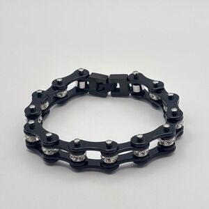 Bike Chain Bracelet 1/2" Black Silver Tone Rhinestones Women's Signed HM